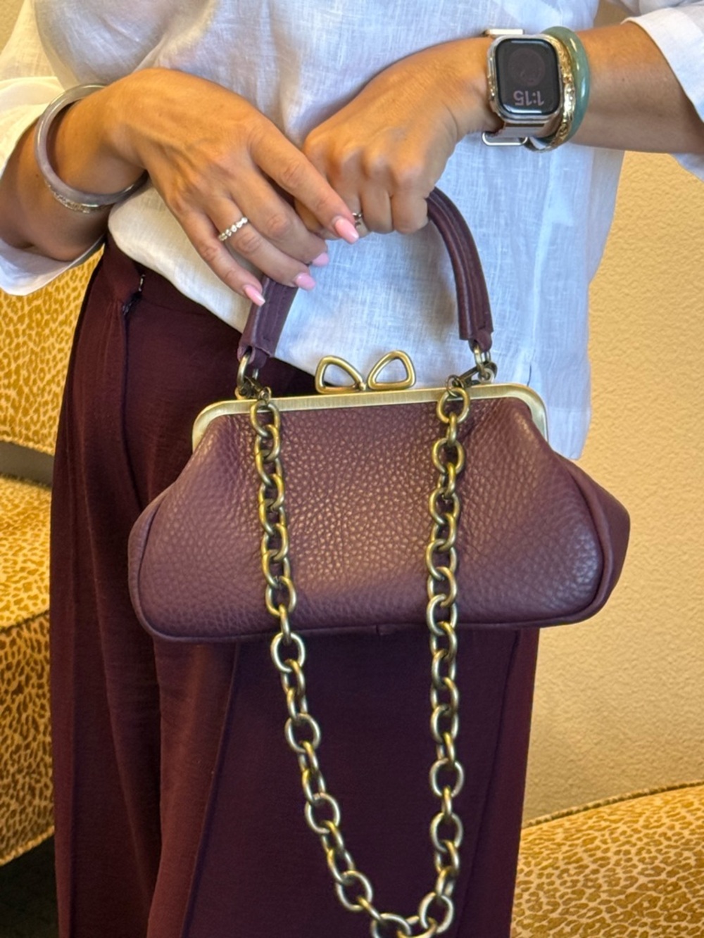 HANDMADE Burgundy/Plum Leather Satchel/Shoulder Bag w Bow Kisslock Gold hardware - Picture 3 of 16